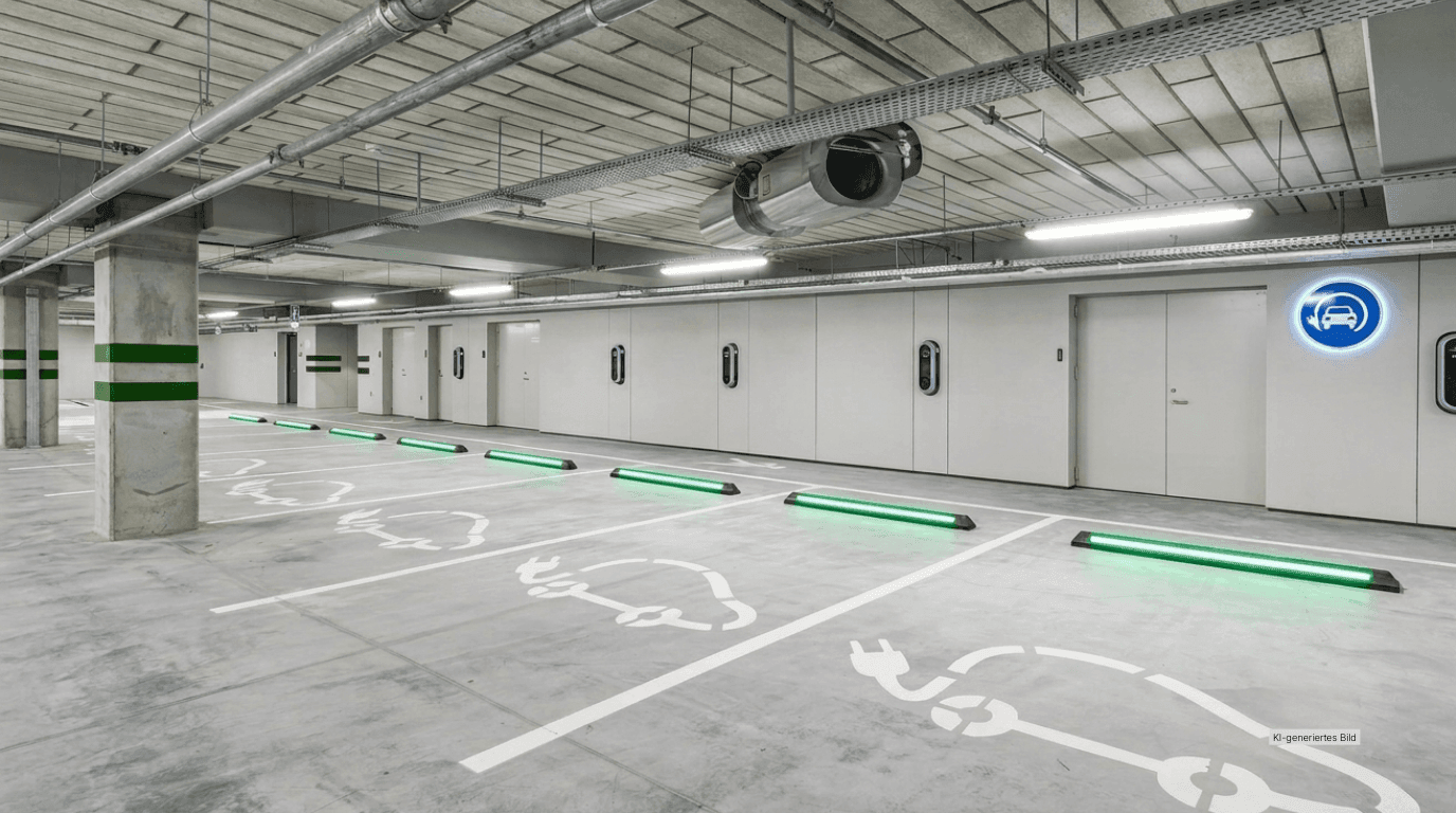 Tiefgarage mit Parkplätzen für Elektroautos