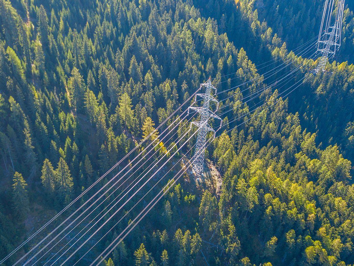 Electrical utility lines running through a wooded mountain landscape