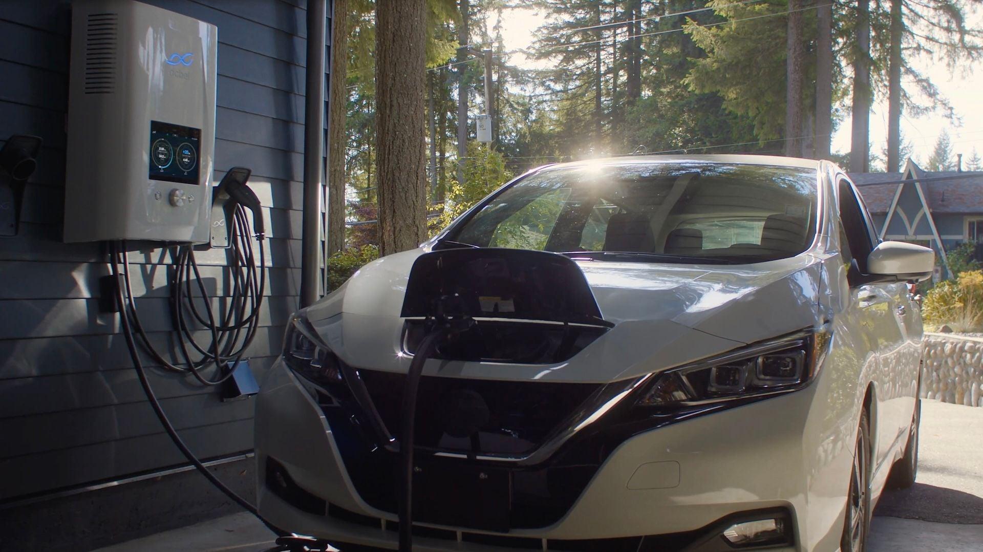 Nissan Leaf being charged with bi-directional dcbel charger at home