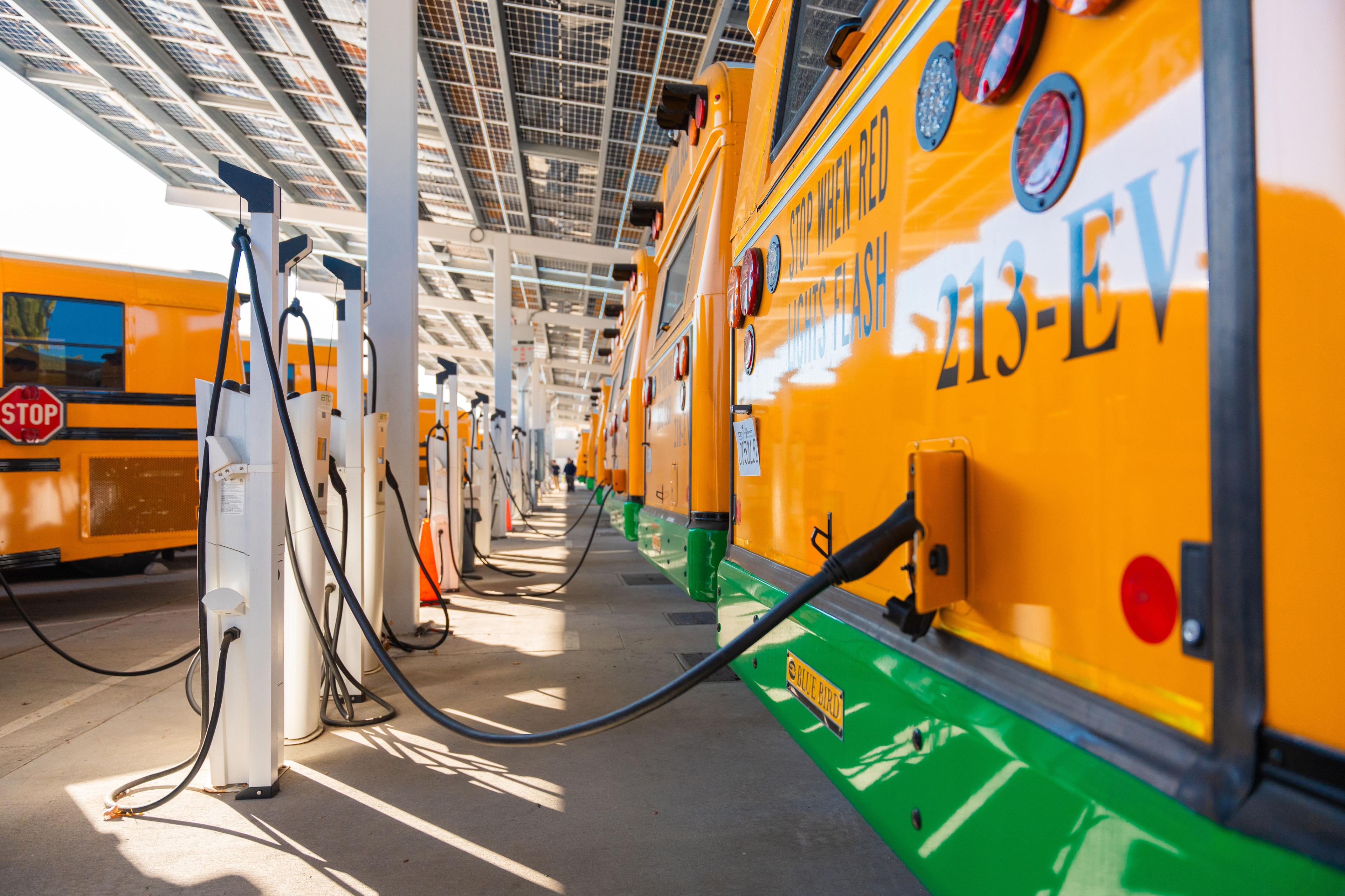School buses charging at Modesto depot