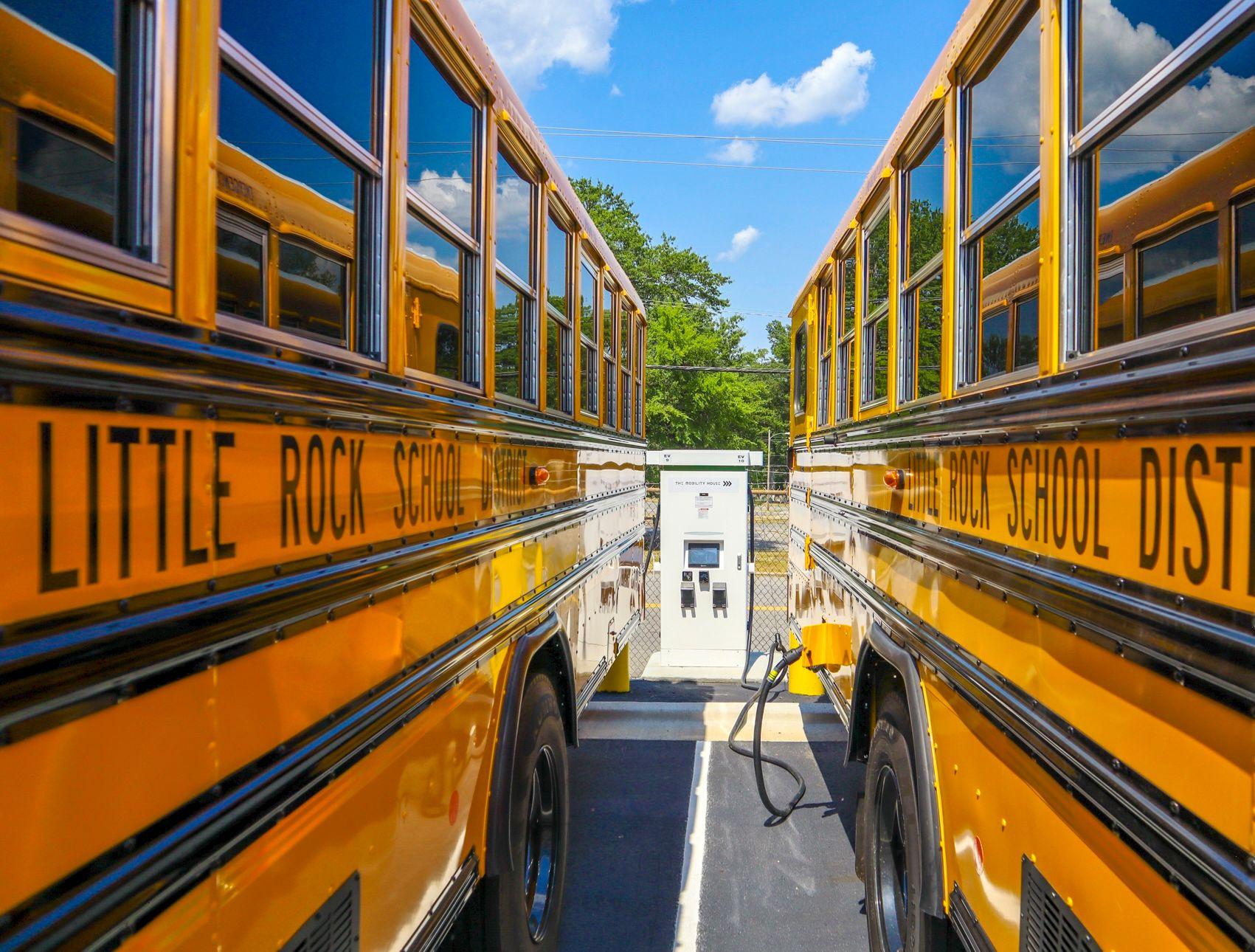Electric school buses charging with The Mobility House level 3 EV charger